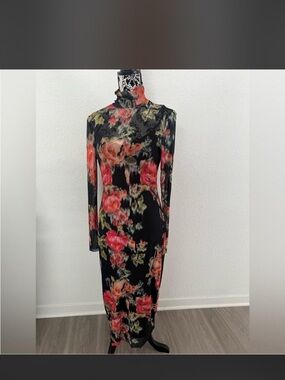 Steve Madden Floral Mesh Mock Neck Midi Dress Black Long Sleeve Bodycon Size M